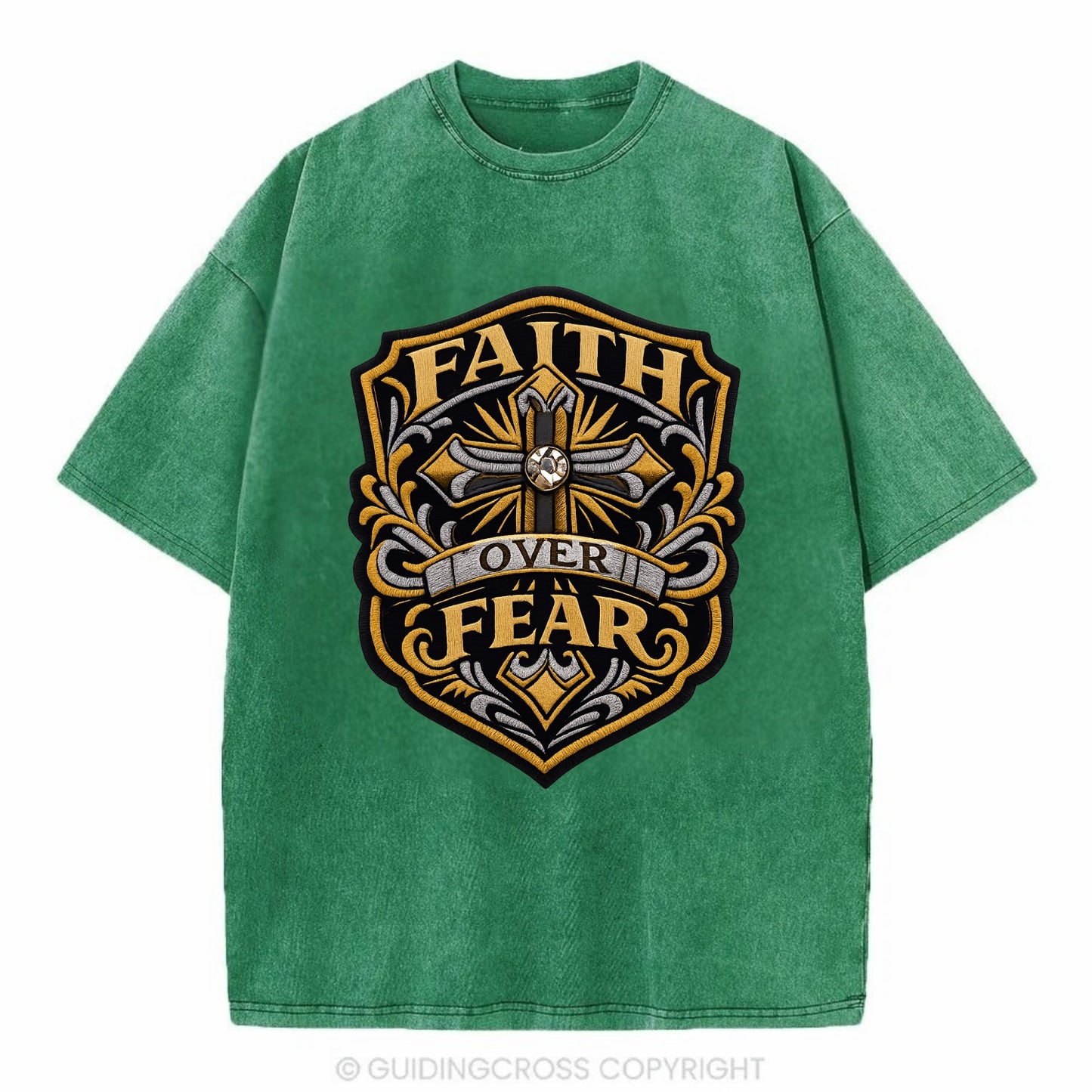 FAITH OVER FEAR - cross with text in gold , spiritual strength - Vintage T-shirt