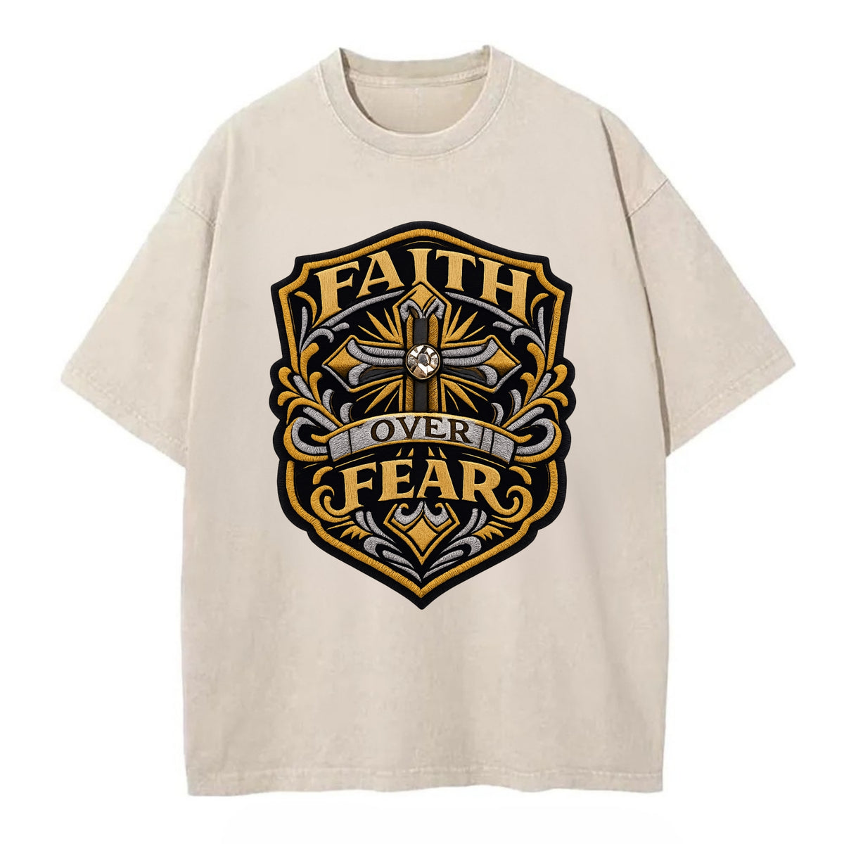 FAITH OVER FEAR - cross with text in gold , spiritual strength - Vintage T-shirt