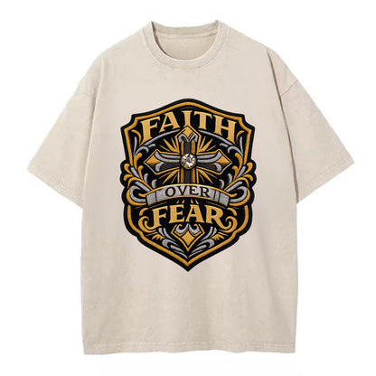 FAITH OVER FEAR - cross with text in gold , spiritual strength - Vintage T-shirt