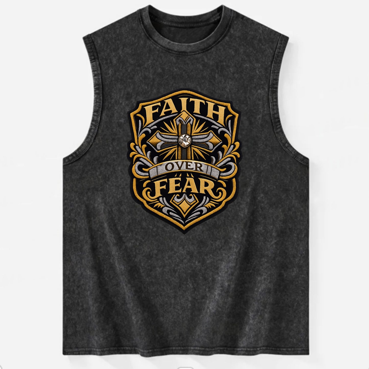 FAITH OVER FEAR - cross with text in gold , spiritual strength - Vintage Washed Tank