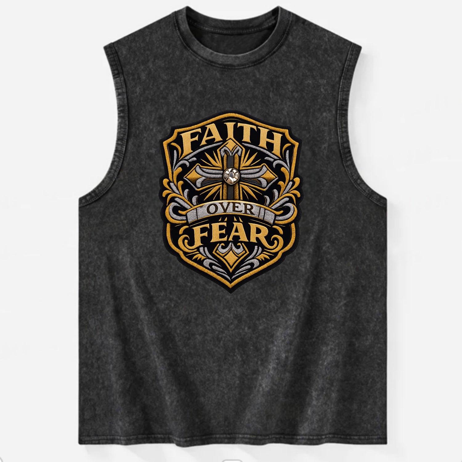 FAITH OVER FEAR - cross with text in gold , spiritual strength - Vintage Washed Tank
