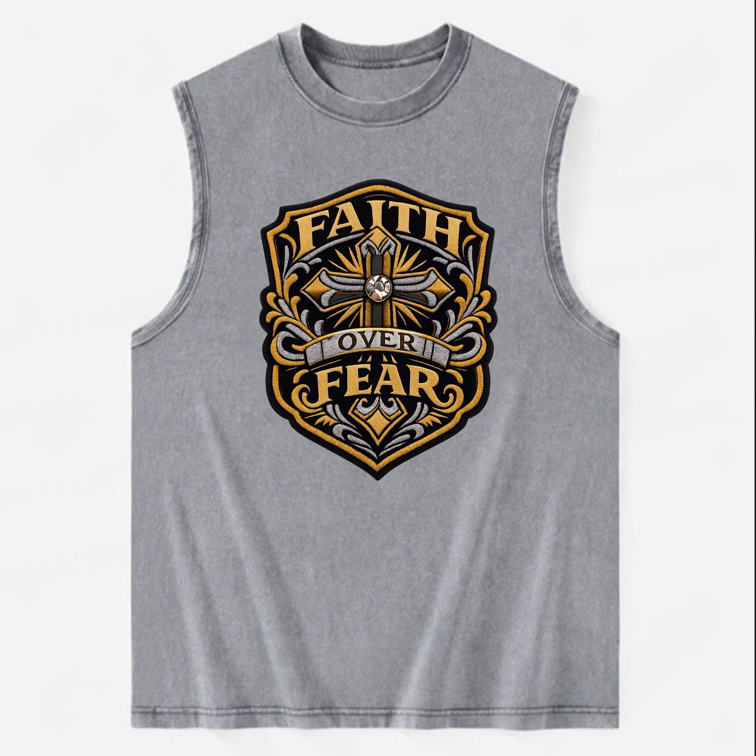 FAITH OVER FEAR - cross with text in gold , spiritual strength - Vintage Washed Tank