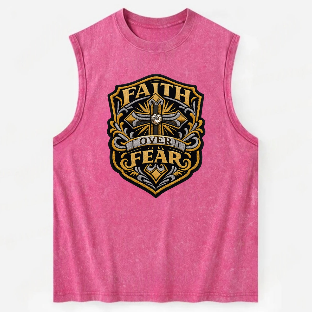 FAITH OVER FEAR - cross with text in gold , spiritual strength - Vintage Washed Tank