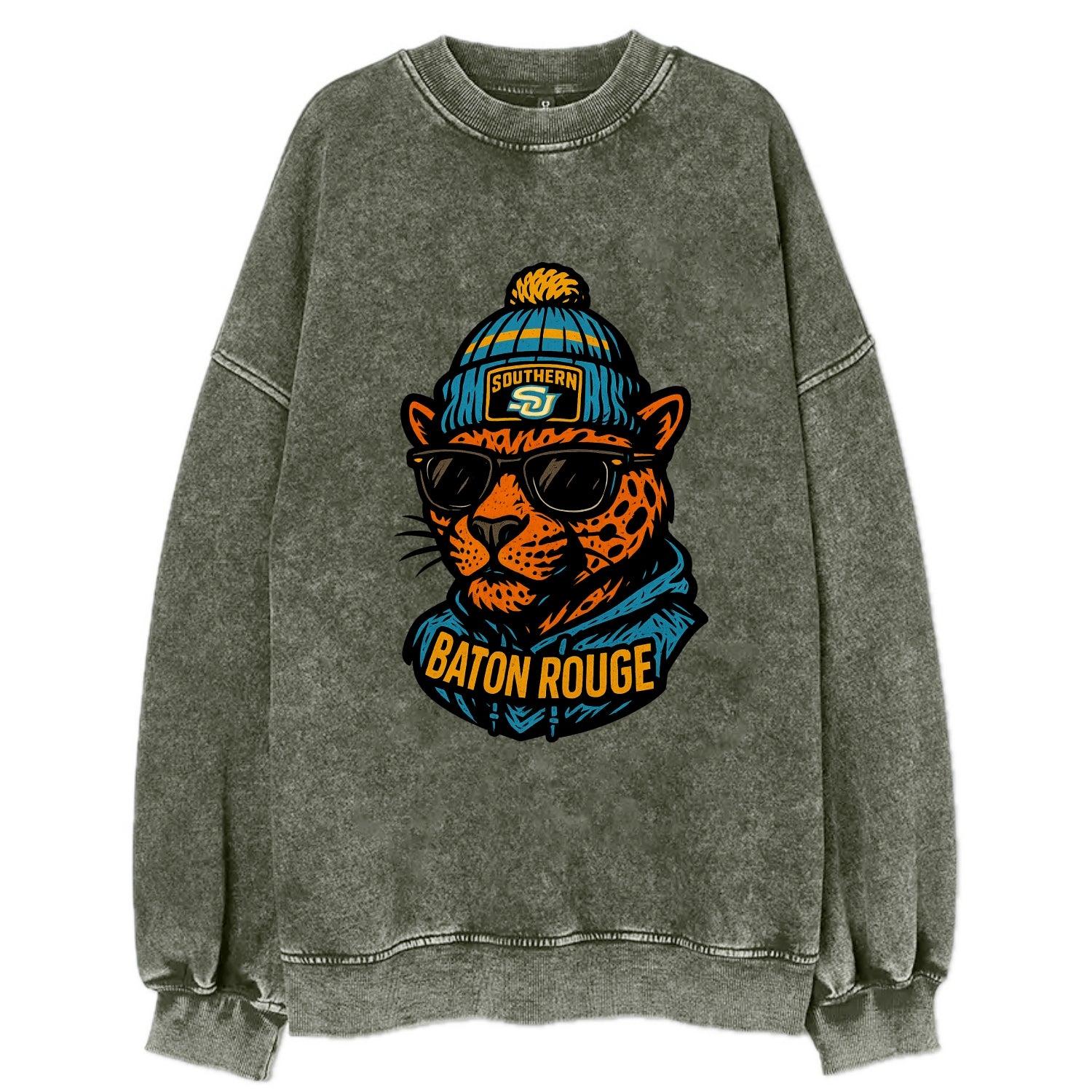 Baton Rouge Jaguar wearing Southern beanie with SU patch - Vintage Sweatshirt - Forest Mist(Green)