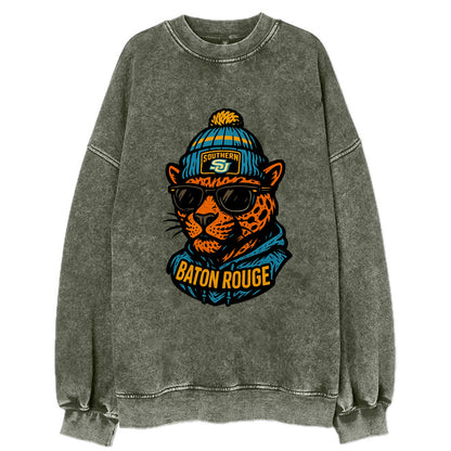 Baton Rouge Jaguar wearing Southern beanie with SU patch - Vintage Sweatshirt - Forest Mist(Green)