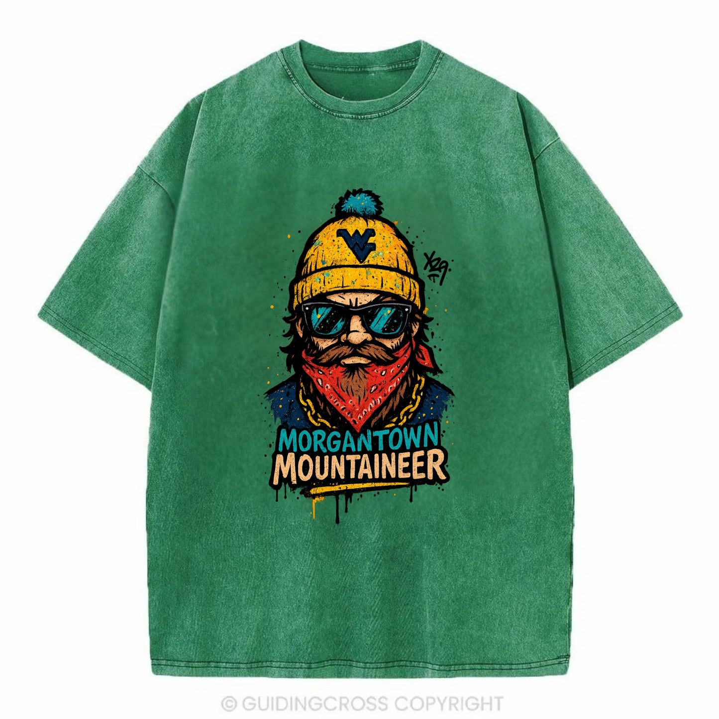 Morgantown Mountaineer wearing West Virginia beanie with WV patch - Vintage T-shirt - Forest Mist(Green)