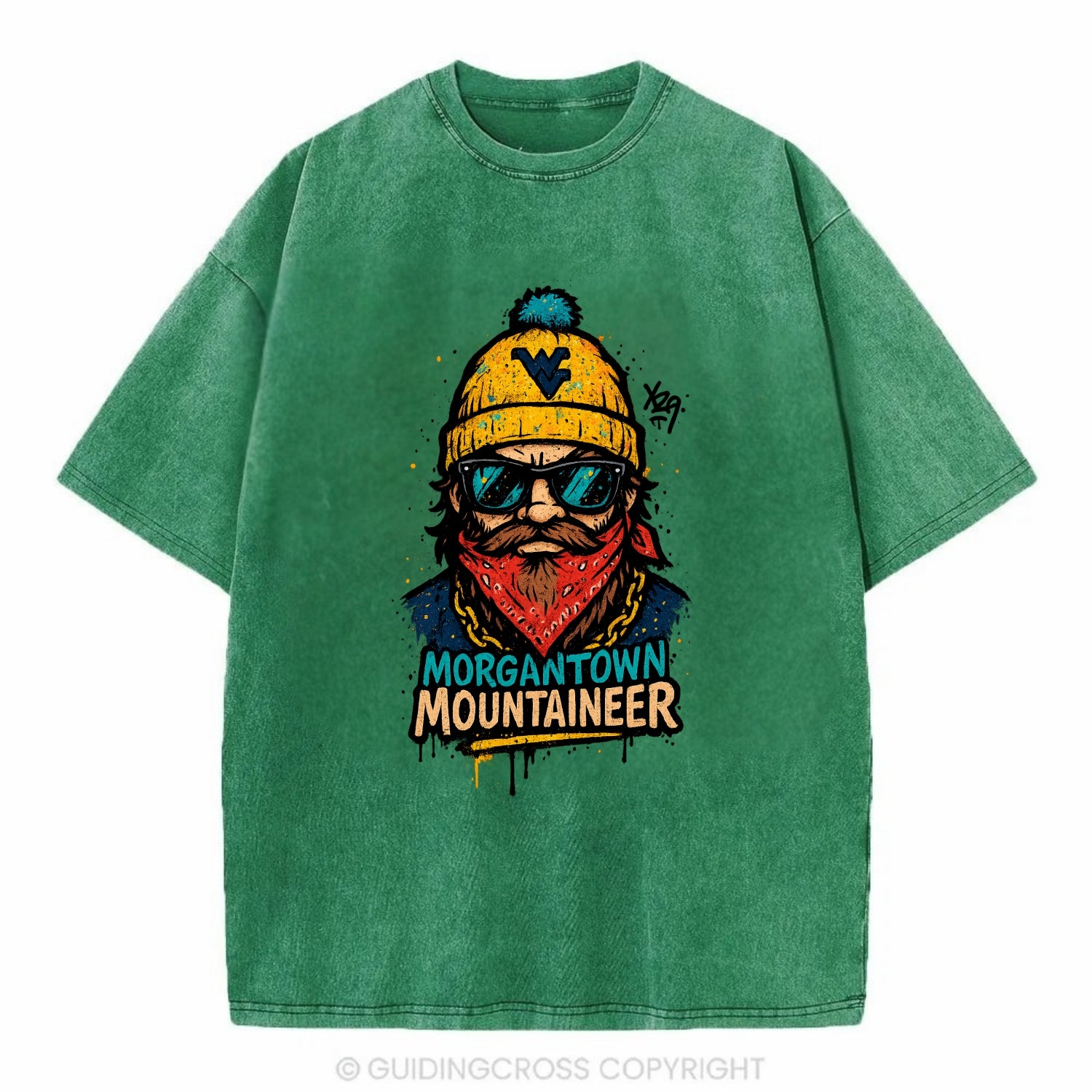 Morgantown Mountaineer wearing West Virginia beanie with WV patch - Vintage T-shirt - Forest Mist(Green)