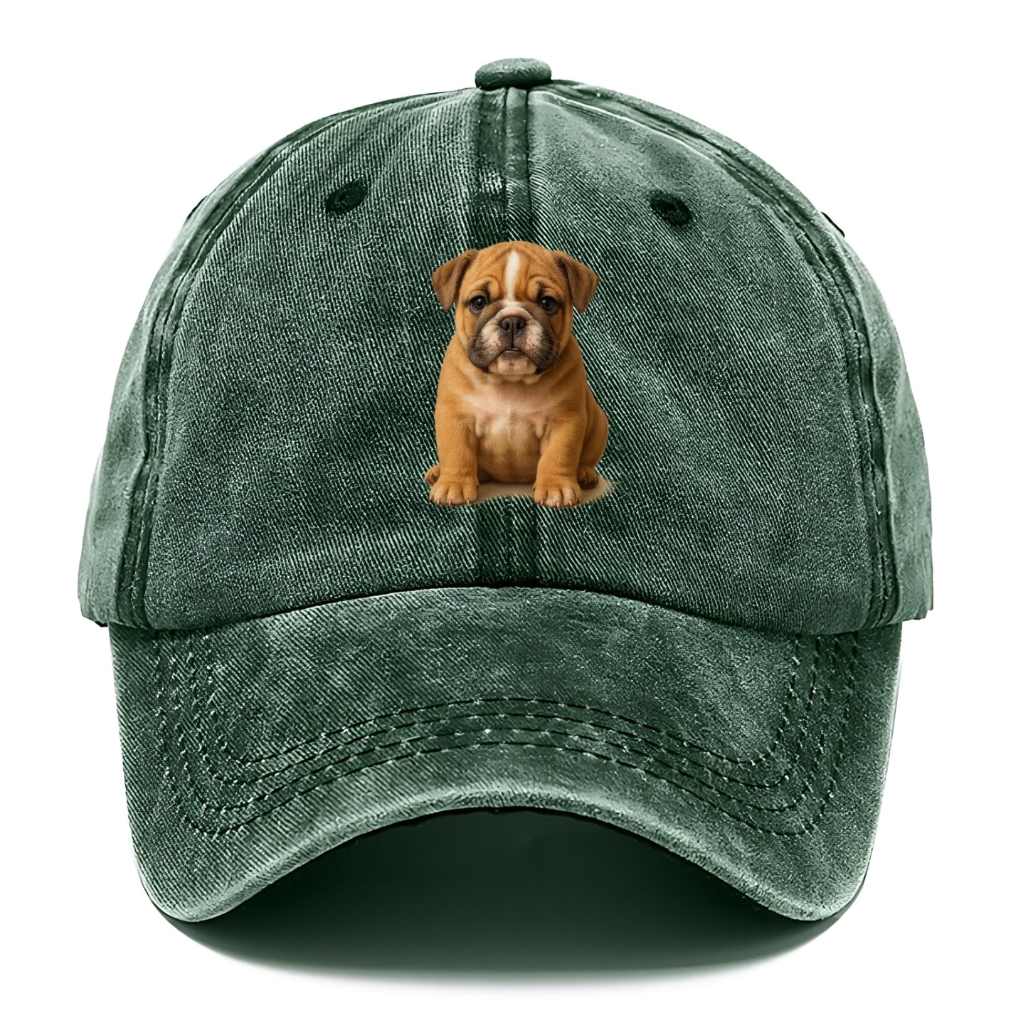 Baby Bulldog Puppy - wrinkly face, underbite, stocky body, gentle eyes, front-facing, - Classic Cap - Forest Mist(Green)