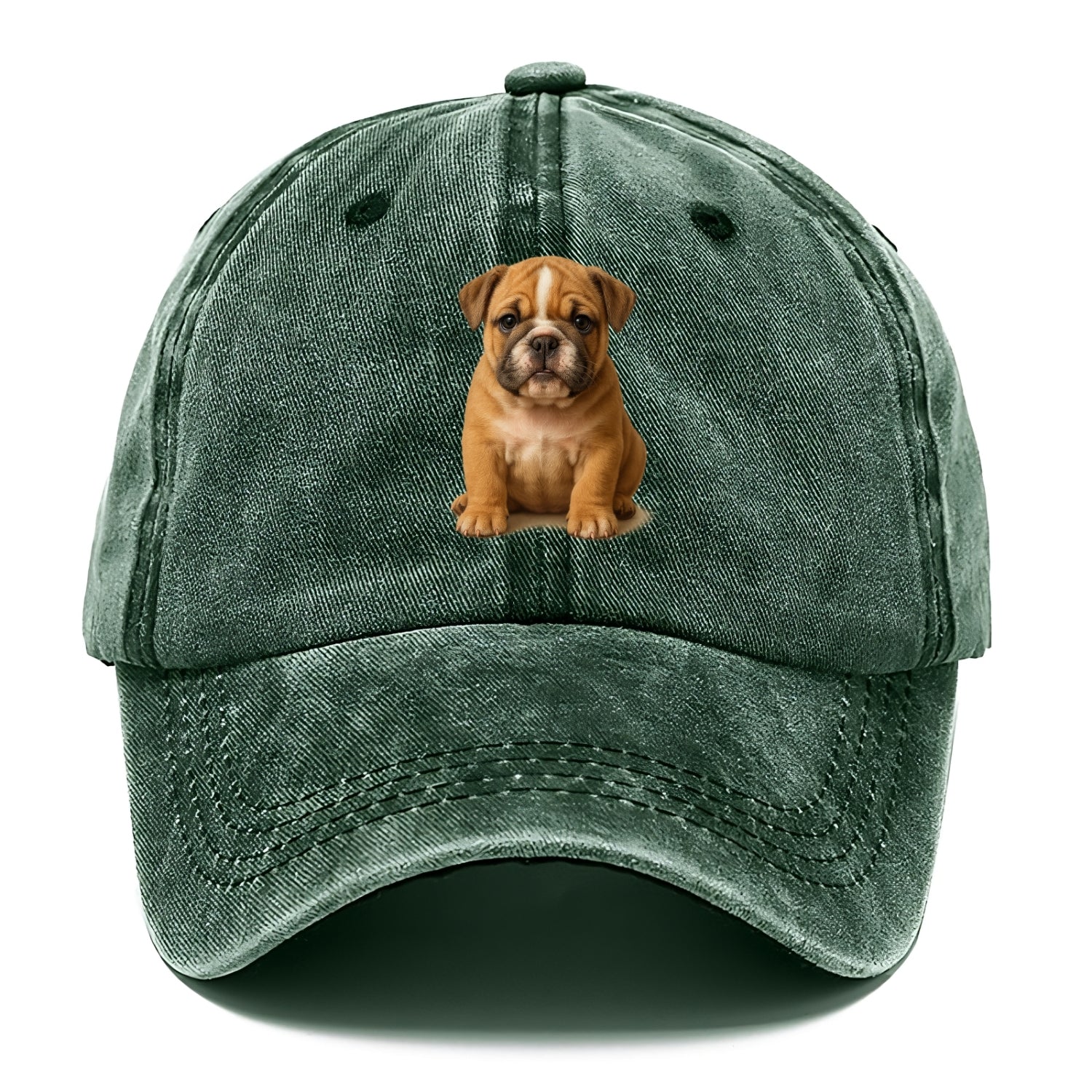 Baby Bulldog Puppy - wrinkly face, underbite, stocky body, gentle eyes, front-facing, - Classic Cap - Forest Mist(Green)