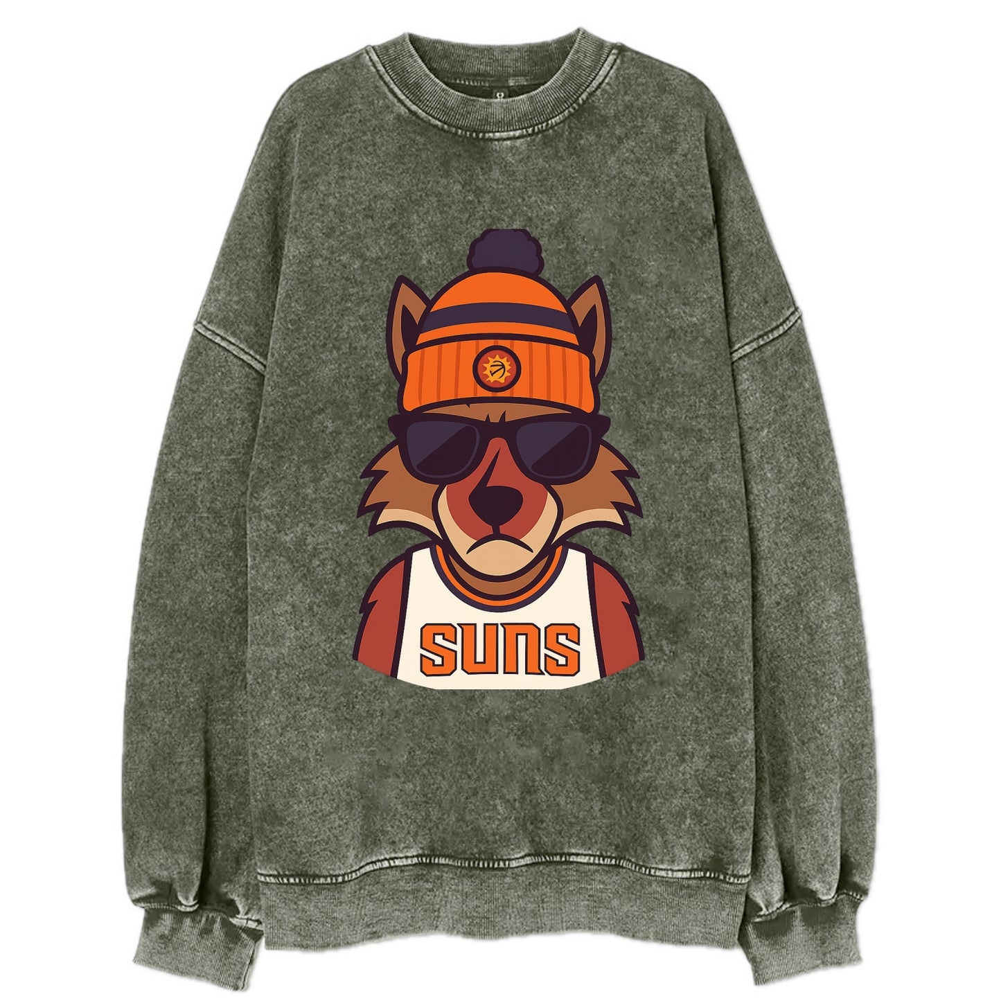 Arizona Coyote wearing Suns beanie with desert sun patch and wayfarer - Vintage Sweatshirt - Forest Mist(Green)