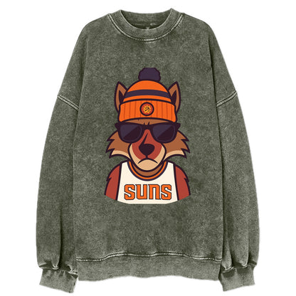 Arizona Coyote wearing Suns beanie with desert sun patch and wayfarer - Vintage Sweatshirt - Forest Mist(Green)