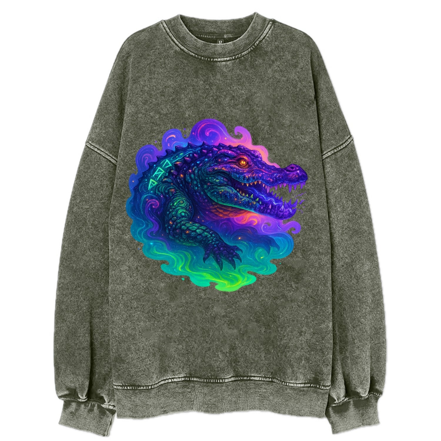 Primordial crocodile with scales pulsing plasma energy in green and purple, - Vintage Sweatshirt - Forest Mist(Green)