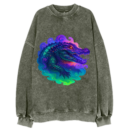 Primordial crocodile with scales pulsing plasma energy in green and purple, - Vintage Sweatshirt - Forest Mist(Green)