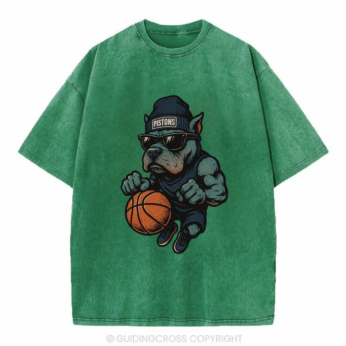 Detroit Pitbull wearing Pistons beanie with chrome patch and wayfarer sunglasses - Vintage T-shirt - Forest Mist(Green)