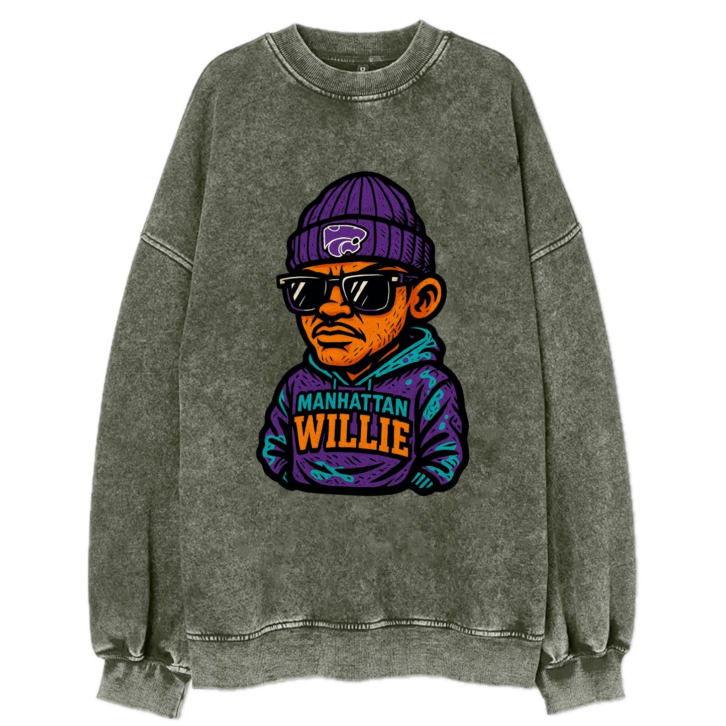 Manhattan Willie wearing Kansas State beanie with powercat patch - Vintage Sweatshirt - Forest Mist(Green)
