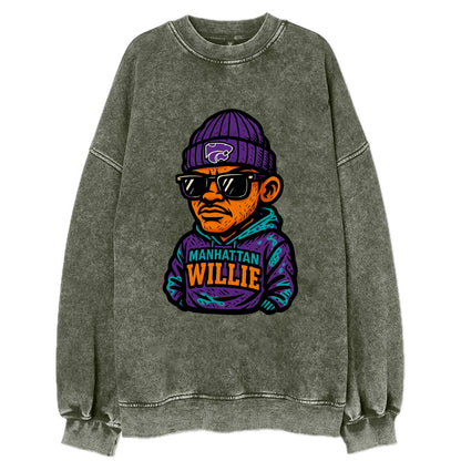 Manhattan Willie wearing Kansas State beanie with powercat patch - Vintage Sweatshirt - Forest Mist(Green)