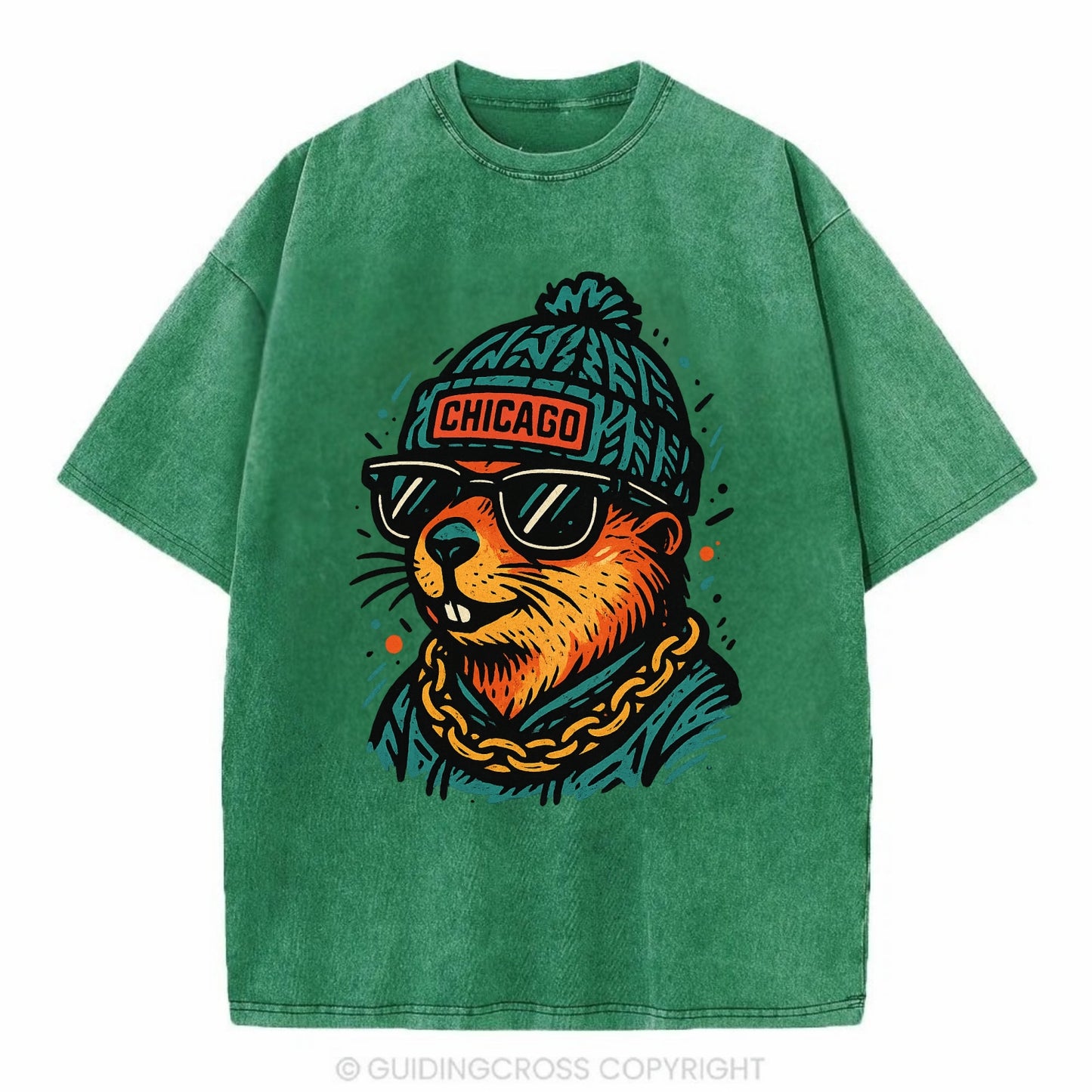 Illinois Prairie Dog wearing Chicago beanie with pom pom and wayfarer sunglasses - Vintage T-shirt - Forest Mist(Green)