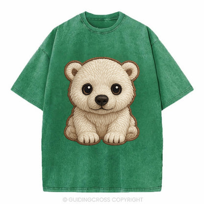 Baby Polar Bear Cub - white fluffy, black nose, dark curious eyes, front-facing, - Vintage T-shirt - Forest Mist(Green)