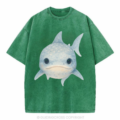 Baby Whale Shark - spotted blue-gray, wide mouth closed, tiny eyes, front-facing, - Vintage T-shirt - Forest Mist(Green)