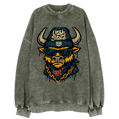 Logan Aggie wearing Utah State beanie with USU patch - Vintage Sweatshirt - Forest Mist(Green)