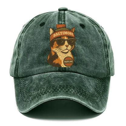 Maryland Calico Cat wearing Baltimore beanie with pom pom and wayfarer sunglasses - Classic Cap - Forest Mist(Green)