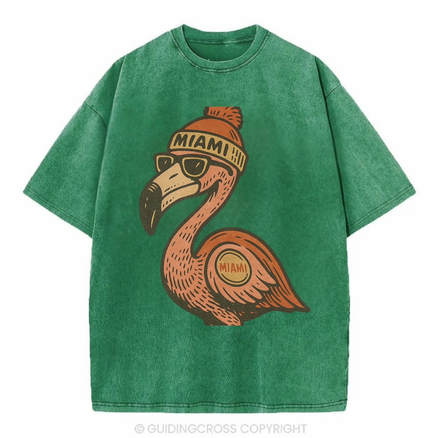 Miami Flamingo wearing Miami beanie with pom pom and wayfarer sunglasses - Vintage T-shirt - Forest Mist(Green)