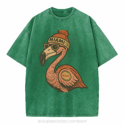 Miami Flamingo wearing Miami beanie with pom pom and wayfarer sunglasses - Vintage T-shirt - Forest Mist(Green)