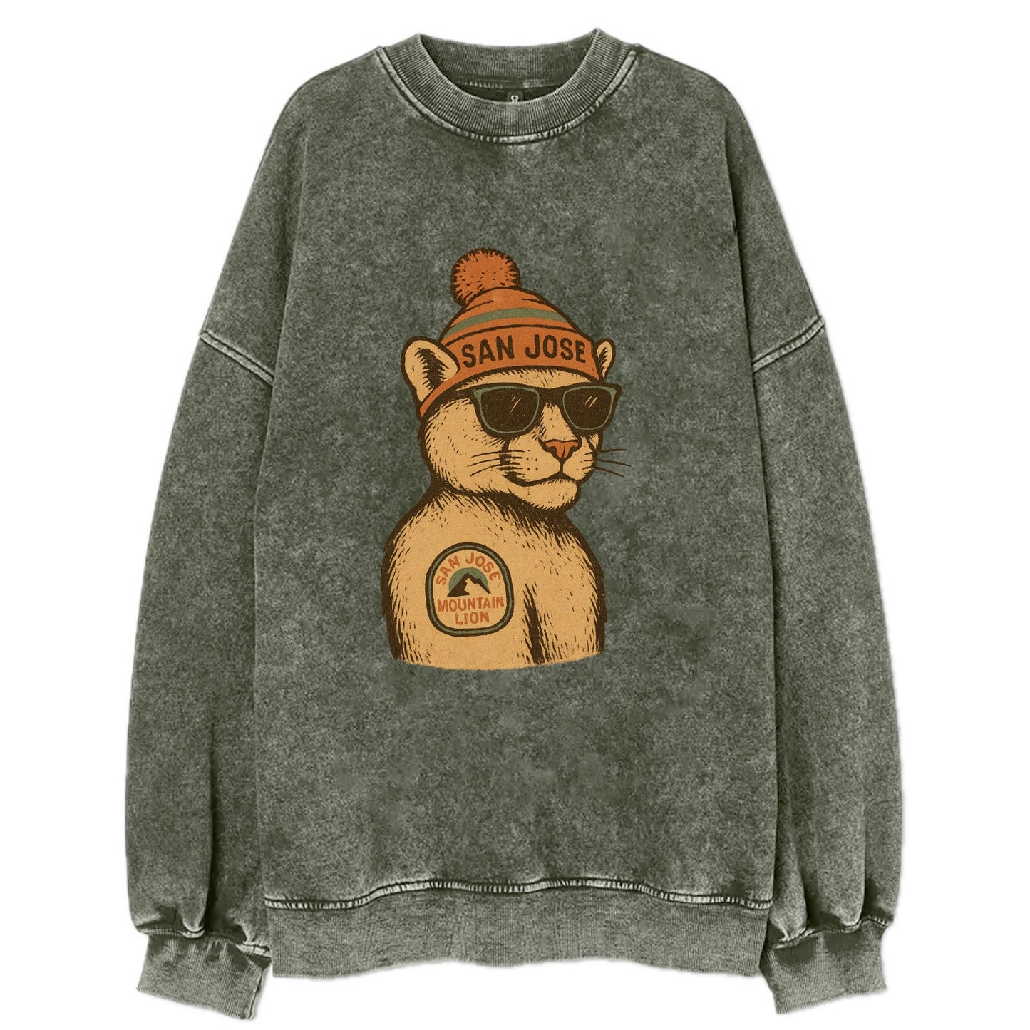 San Jose Mountain Lion wearing San Jose beanie with pom pom and wayfarer - Vintage Sweatshirt - Forest Mist(Green)