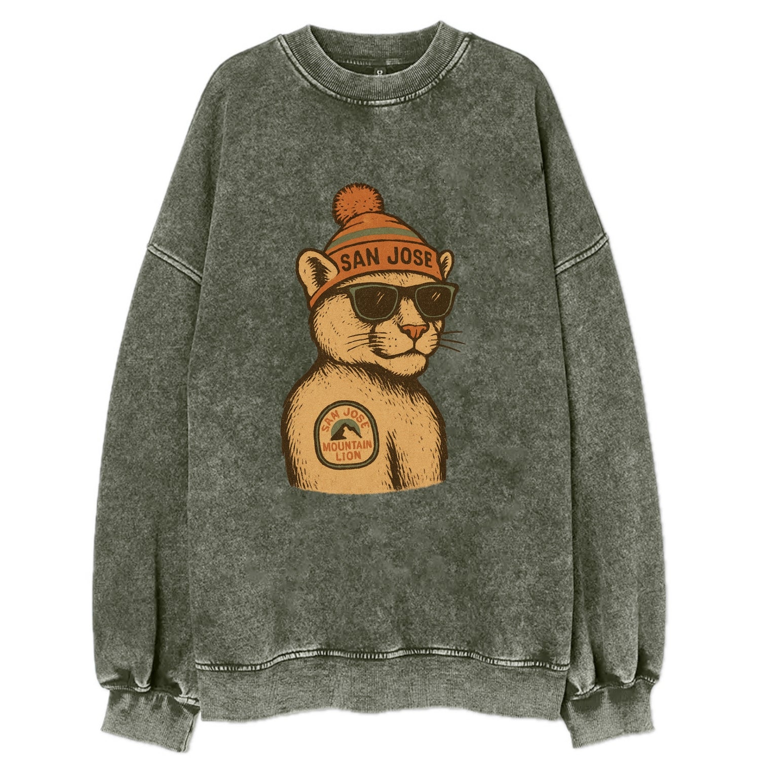 San Jose Mountain Lion wearing San Jose beanie with pom pom and wayfarer - Vintage Sweatshirt - Forest Mist(Green)