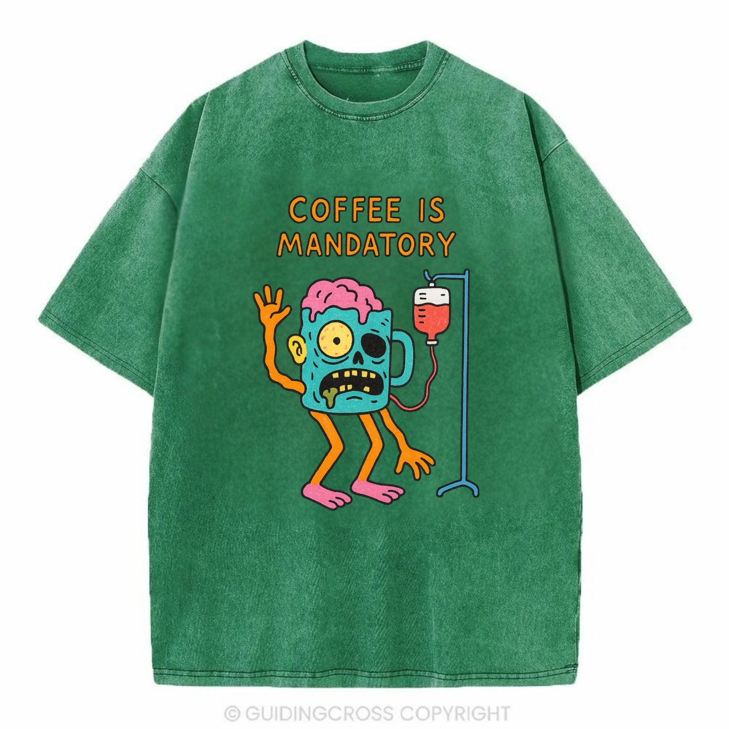 COFFEE IS MANDATORY | Zombie mug with IV drip - Vintage T-shirt - Forest Mist(Green)