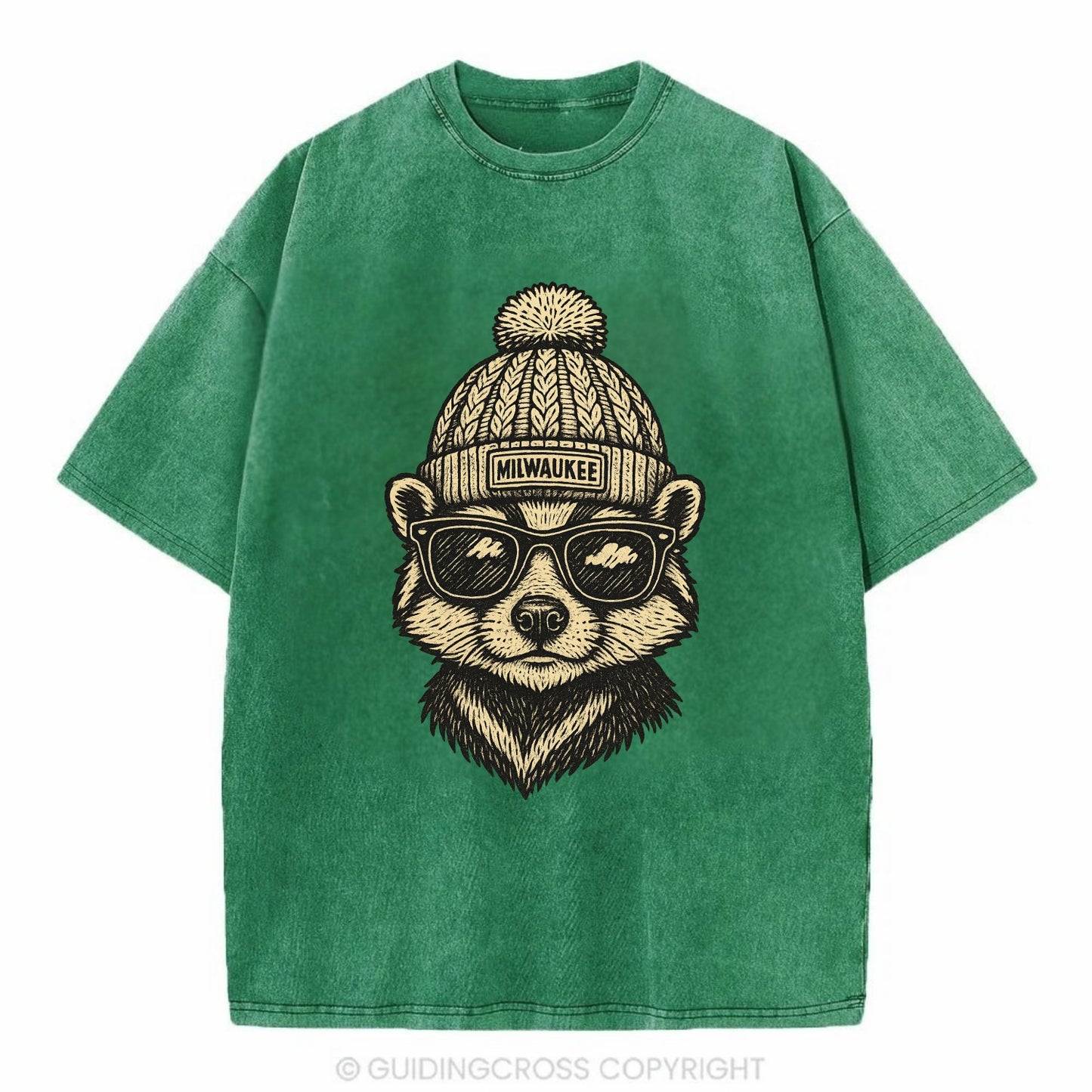 Wisconsin Badger wearing Milwaukee beanie with pom pom and wayfarer sunglasses - Vintage T-shirt - Forest Mist(Green)