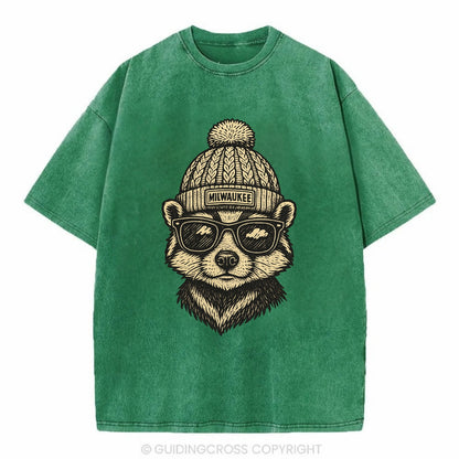 Wisconsin Badger wearing Milwaukee beanie with pom pom and wayfarer sunglasses - Vintage T-shirt - Forest Mist(Green)