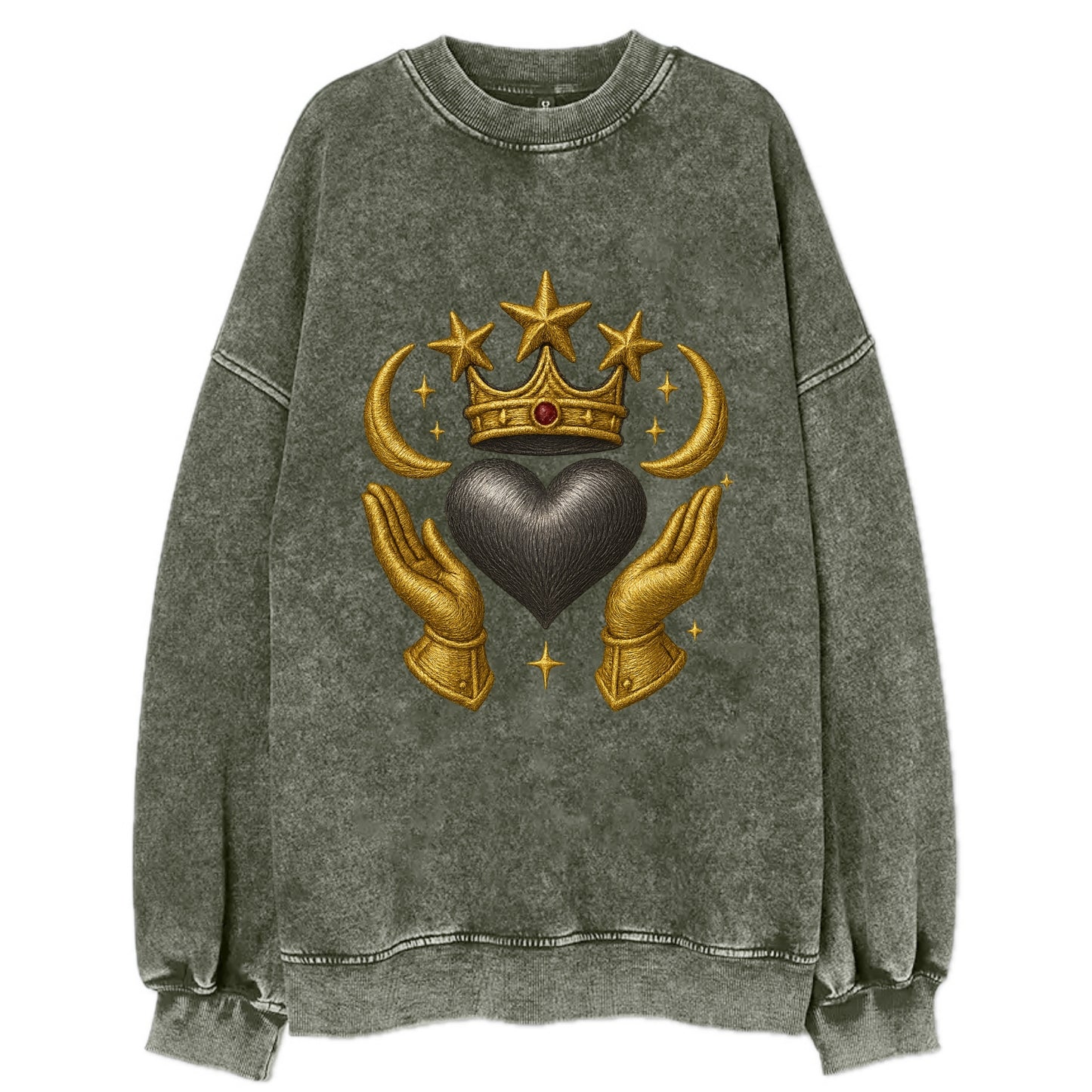 Sun goddess crown radiating golden rays over a midnight heart with - Vintage Sweatshirt - Forest Mist(Green)