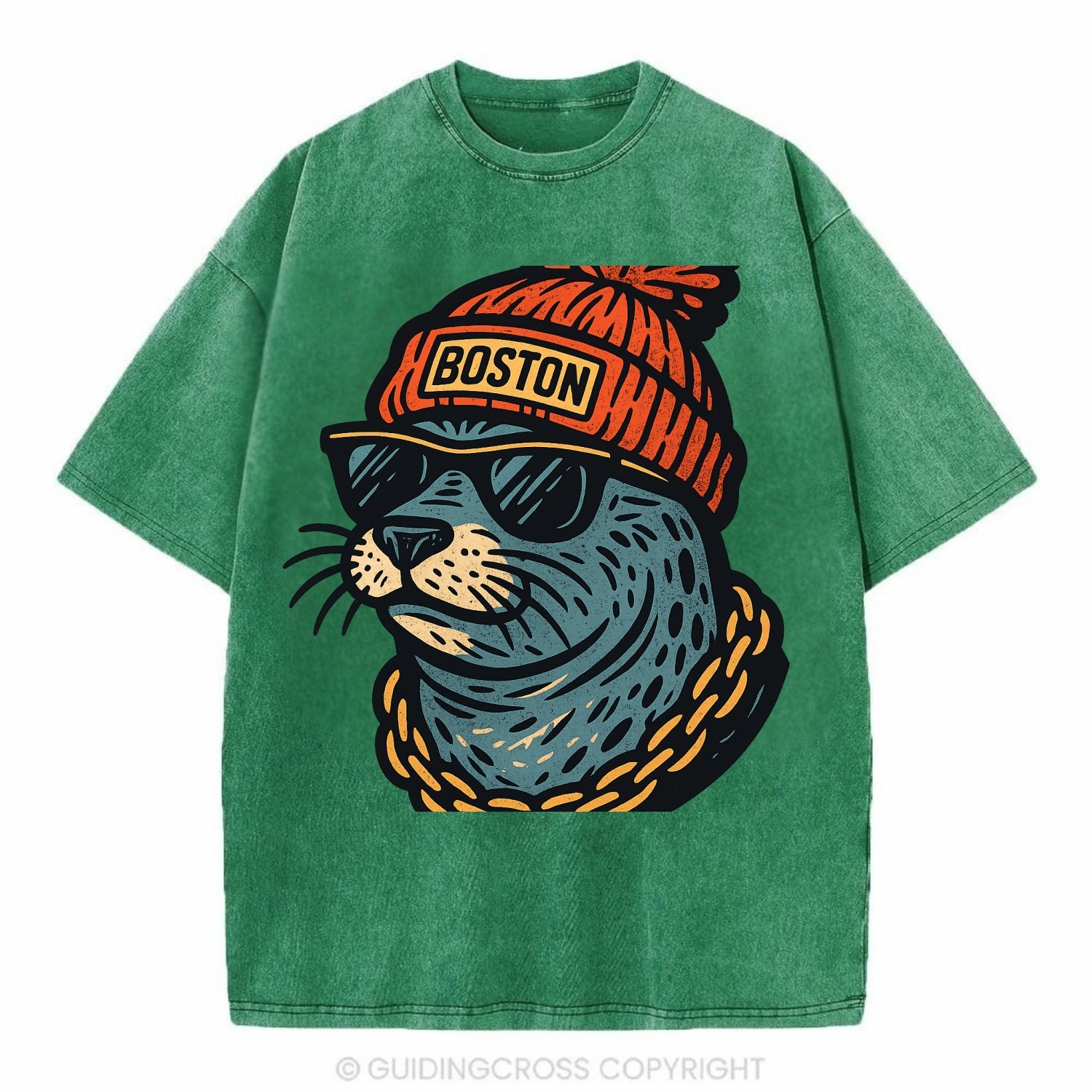 Boston Harbor Seal wearing Boston beanie with pom pom and wayfarer sunglasses - Vintage T-shirt - Forest Mist(Green)