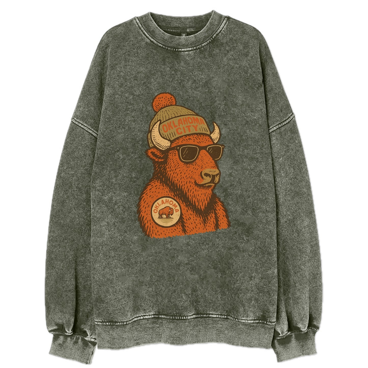 Oklahoma Buffalo wearing Oklahoma City beanie with pom pom and wayfarer - Vintage Sweatshirt - Forest Mist(Green)