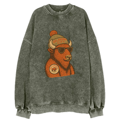 Oklahoma Buffalo wearing Oklahoma City beanie with pom pom and wayfarer - Vintage Sweatshirt - Forest Mist(Green)