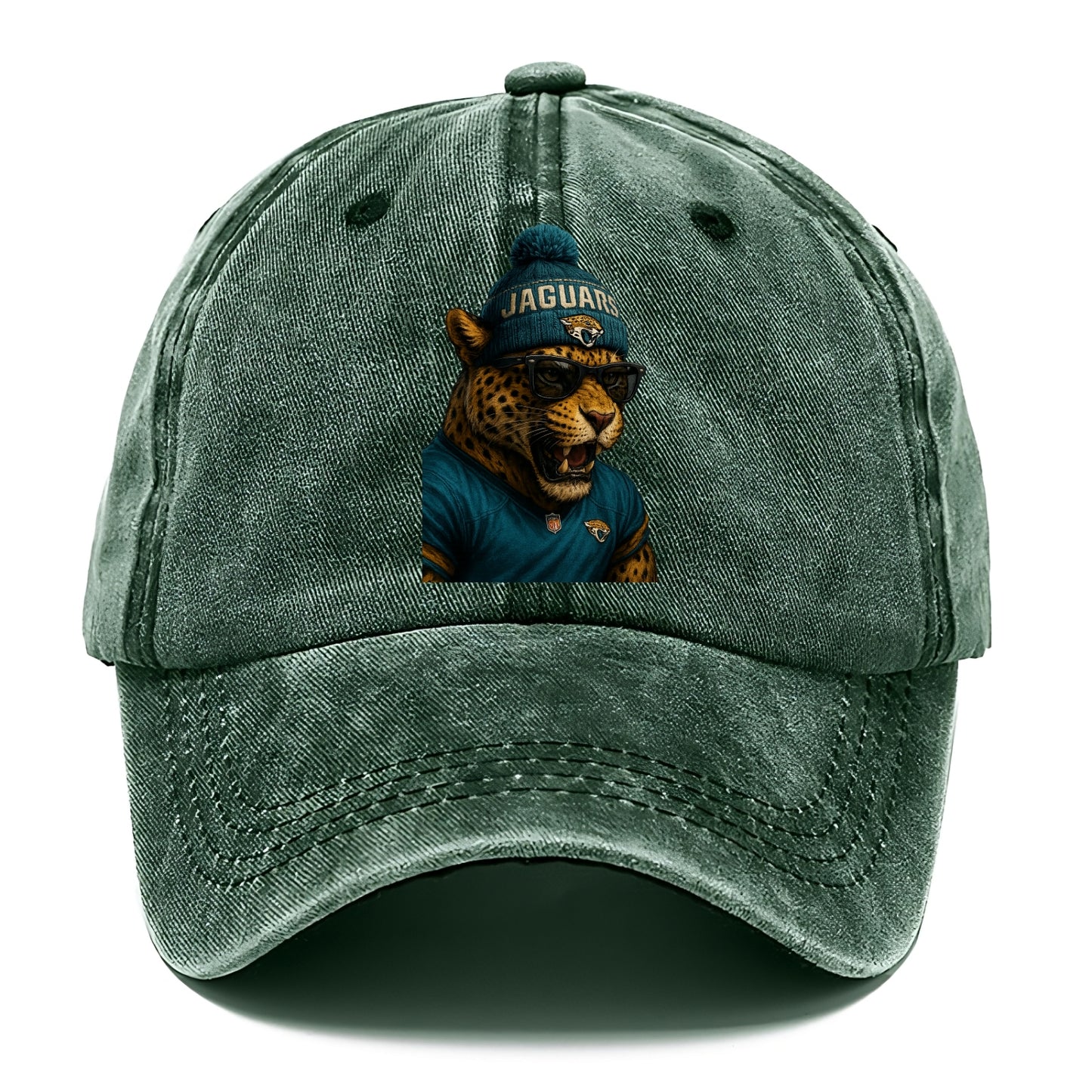 Jacksonville Jaguar wearing Jaguars teal and gold beanie with pom pom and wayfarer - Classic Cap - Forest Mist(Green)