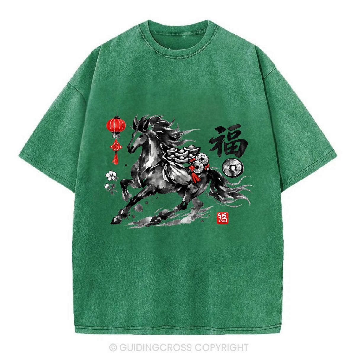 PROSPERITY HORSE | Horse carrying gold ingots and coins | Chinese knot - Vintage T-shirt - Forest Mist(Green)