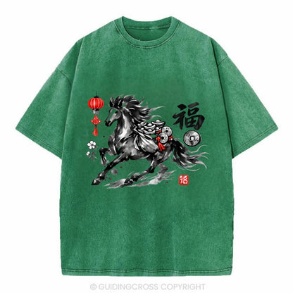 PROSPERITY HORSE | Horse carrying gold ingots and coins | Chinese knot - Vintage T-shirt - Forest Mist(Green)