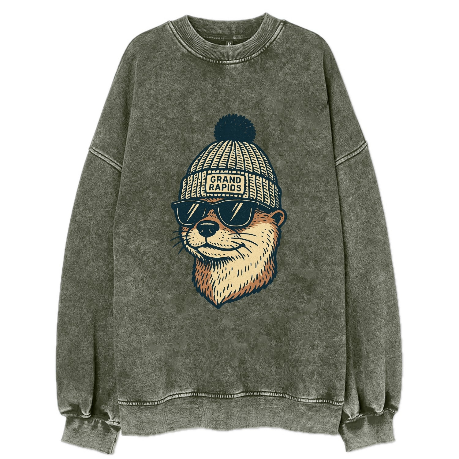 Grand Rapids River Otter wearing Grand Rapids beanie with pom pom and wayfarer - Vintage Sweatshirt - Forest Mist(Green)