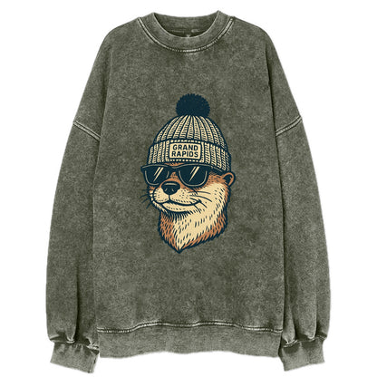 Grand Rapids River Otter wearing Grand Rapids beanie with pom pom and wayfarer - Vintage Sweatshirt - Forest Mist(Green)