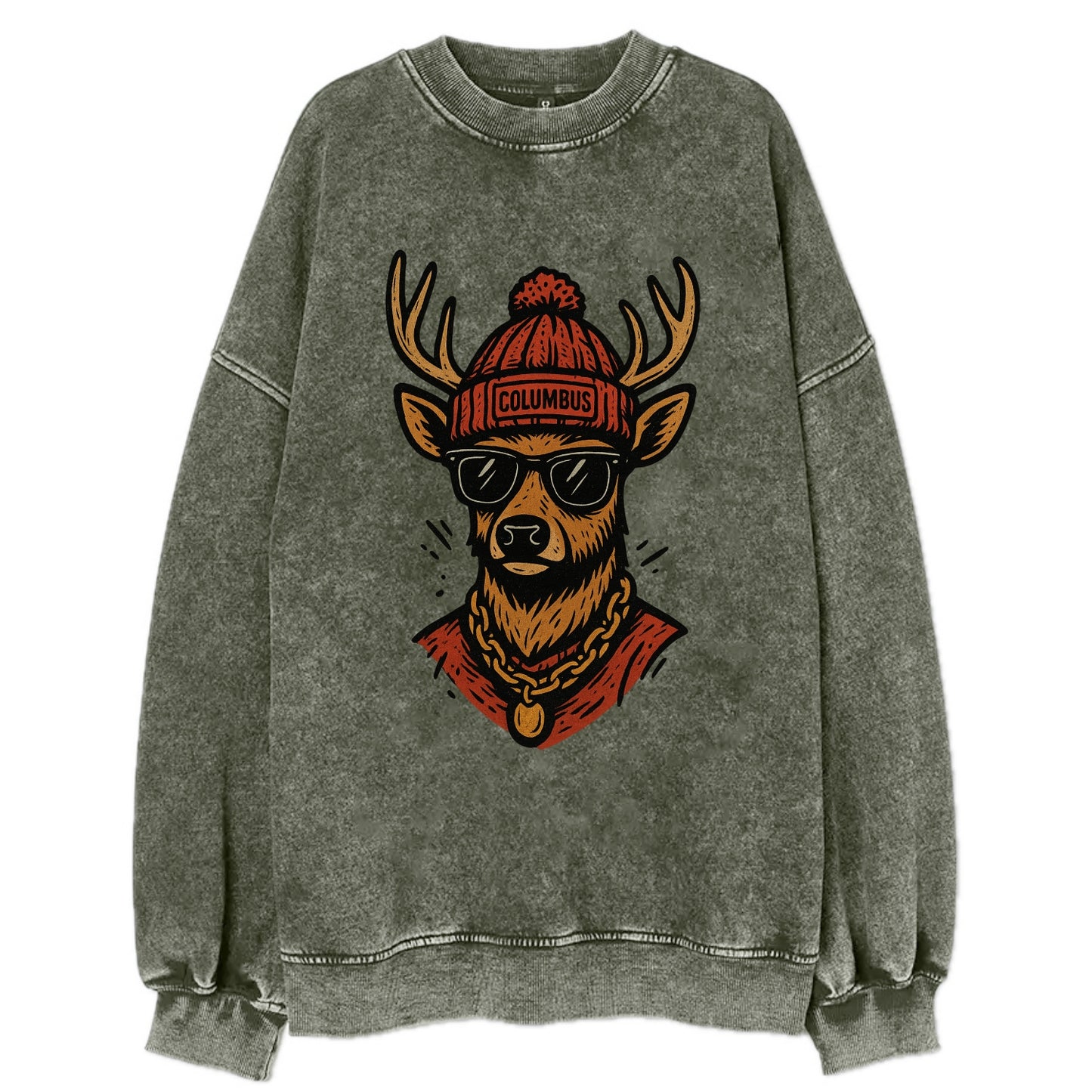 Columbus White-tailed Deer wearing Columbus beanie with pom pom and wayfarer - Vintage Sweatshirt - Forest Mist(Green)