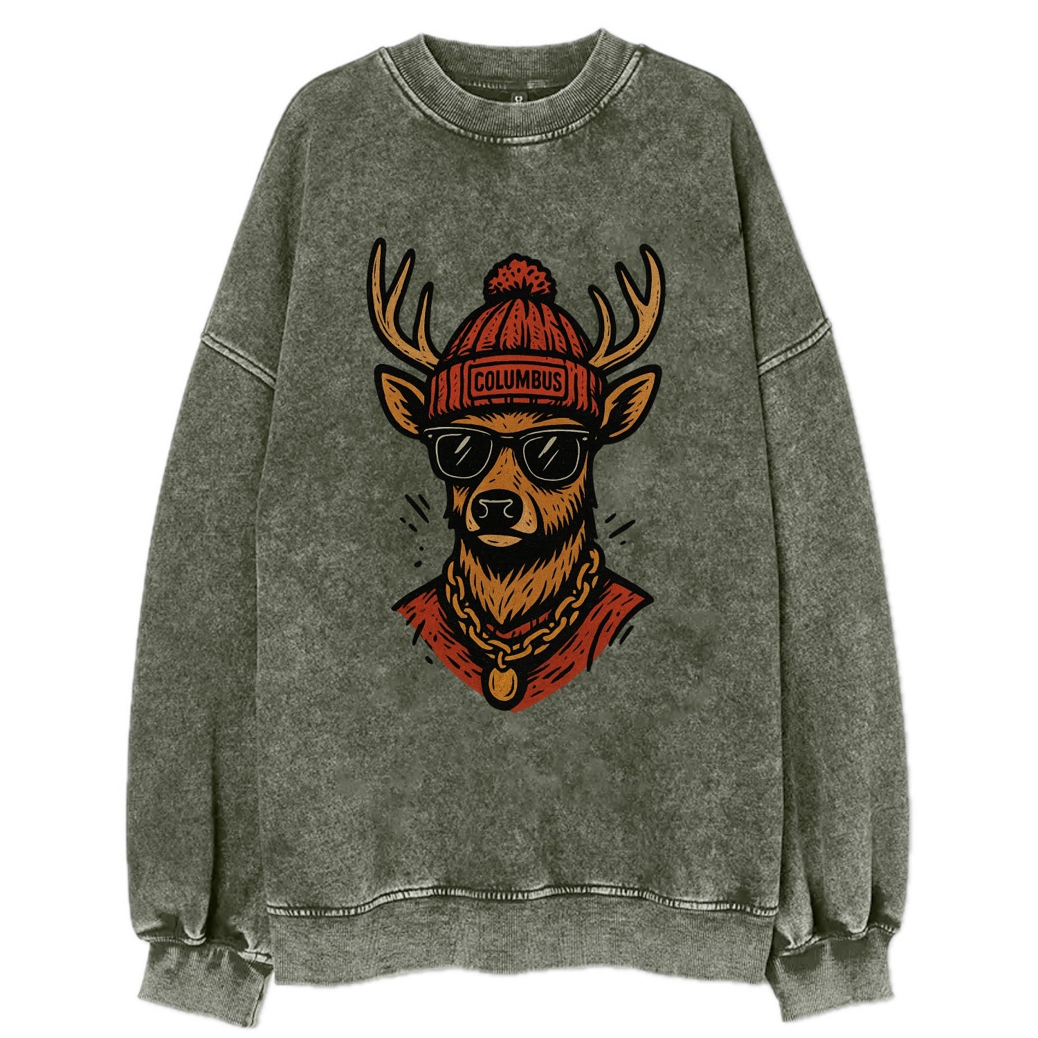 Columbus White-tailed Deer wearing Columbus beanie with pom pom and wayfarer - Vintage Sweatshirt - Forest Mist(Green)