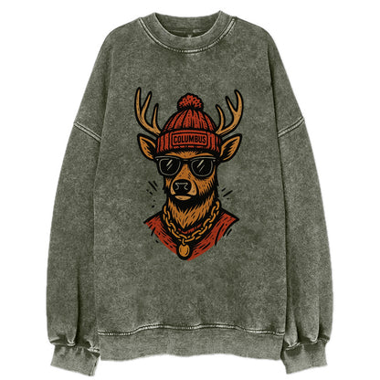 Columbus White-tailed Deer wearing Columbus beanie with pom pom and wayfarer - Vintage Sweatshirt - Forest Mist(Green)
