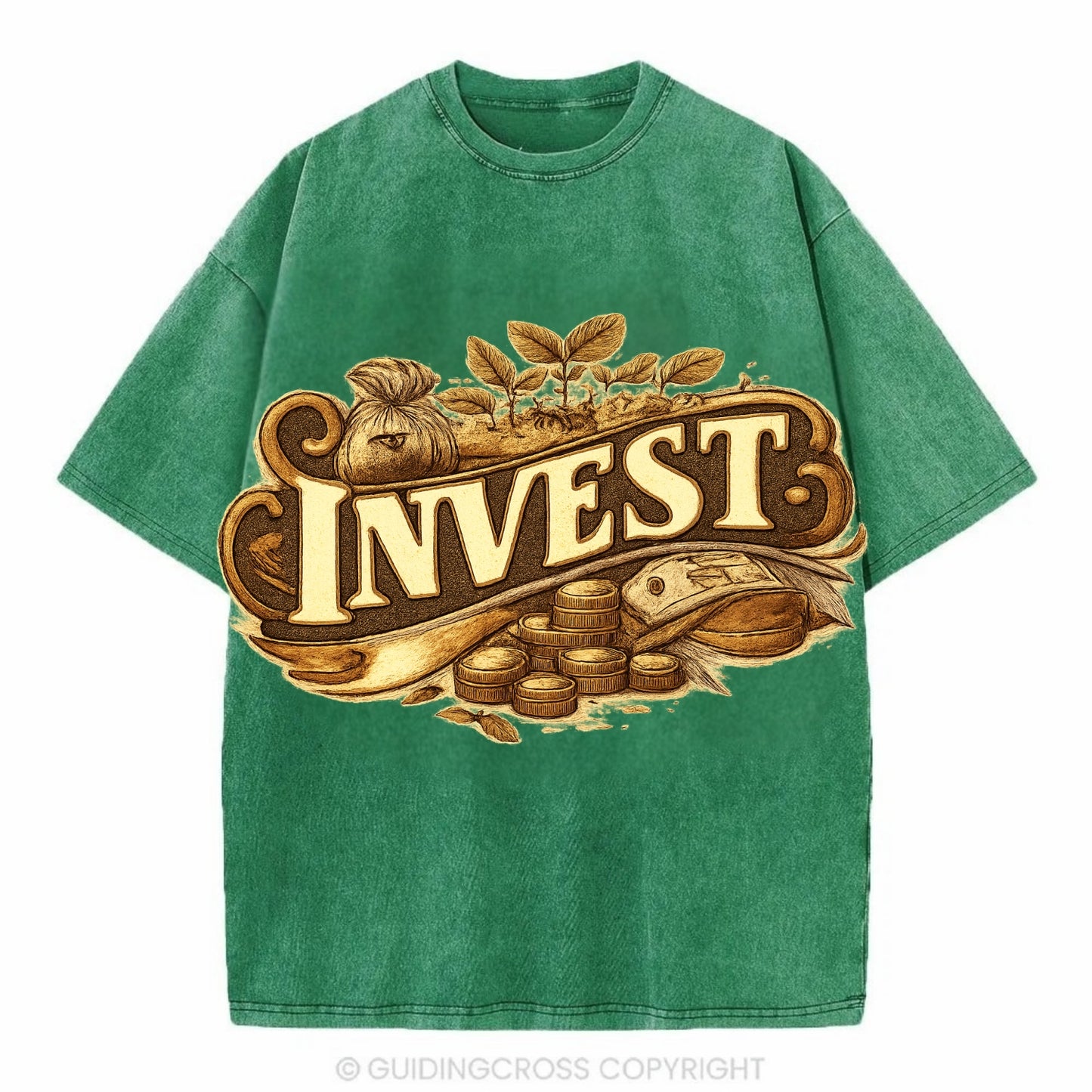 Bold typography design - "INVEST" - growing money, smart decisions - Vintage T-shirt - Forest Mist(Green)