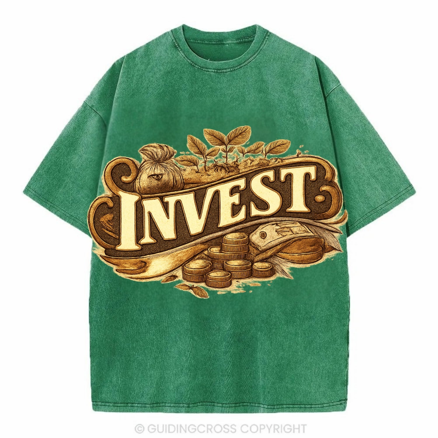 Bold typography design - "INVEST" - growing money, smart decisions - Vintage T-shirt - Forest Mist(Green)