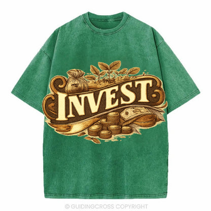 Bold typography design - "INVEST" - growing money, smart decisions - Vintage T-shirt - Forest Mist(Green)