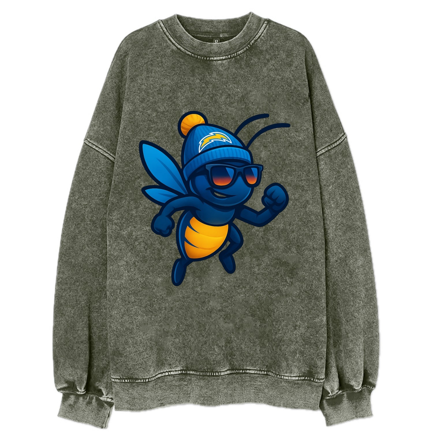 LA Lightning Bug wearing Chargers powder blue and gold beanie with pom pom and - Vintage Sweatshirt - Forest Mist(Green)