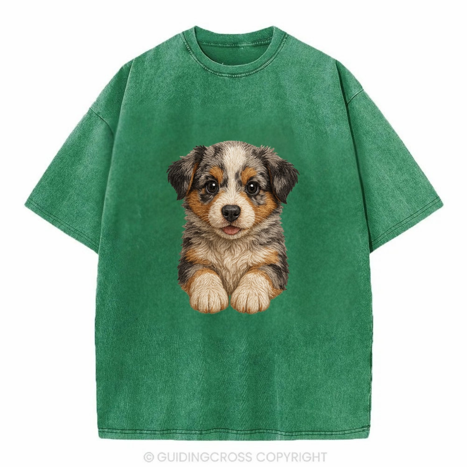 Baby Australian Shepherd Puppy - merle coat, bright eyes, fluffy, front-facing, - Vintage T-shirt - Forest Mist(Green)