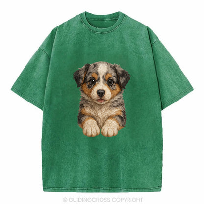 Baby Australian Shepherd Puppy - merle coat, bright eyes, fluffy, front-facing, - Vintage T-shirt - Forest Mist(Green)